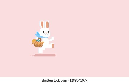 Pixel running rabbit with easter egg basket.8bit.Easter.
