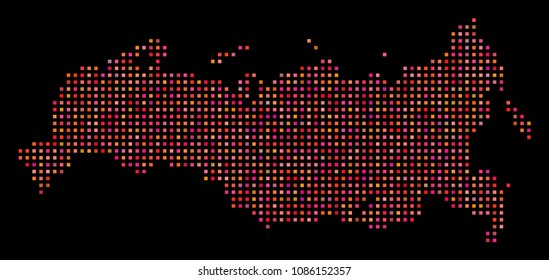 Pixel Russia map. Vector geographic map in red color tinges on a black background. Abstract collage of Russia map done of regular square dots.