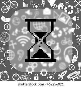 Pixel sand clock cursor vector icon - matte glass button on background consisting of  different icons