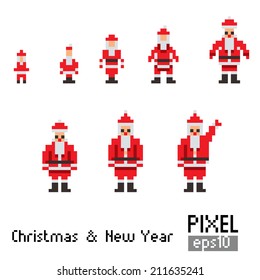 Pixel Santa with blue horse on  white