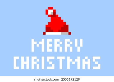 Pixel Santa Claus hat icon, 8 bit Merry Christmas vector illustration.