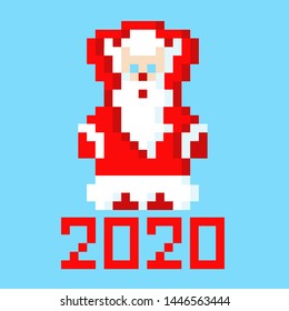 Pixel Santa Claus in a red coat. Inscription pixels 2020. New Year