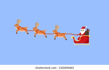 Pixel santa claus riding his flying sleigh.