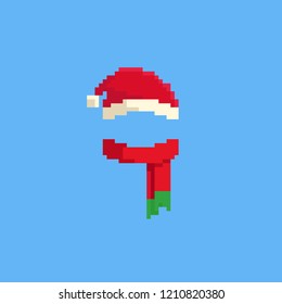 Pixel Santa hat and red scarf.Christmas.8bit.