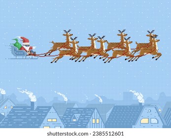 Pixel Santa on sleigh with reindeer flying in sky, Christmas holiday vector 8 bit background. Cartoon pixel Santa with gifts bag on sleigh and deer over holiday village town in winter snow