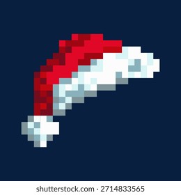 Pixel Santa red hat icon with white pom-pom. 8 bit holiday. Arcade game icon. Christmas and New Year celebration.