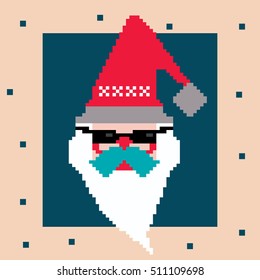 Pixel Santa. Vector cartoon character logo in red hat and dark glasses, white beard and blue moustache