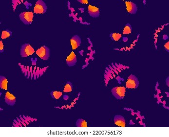 Pixel scary face with glowing eyes seamless pattern. Evil scary eyes carved in a pumpkin. Retro 8-bit video game of the 90s in 2D. Design for games, apps, banners and posters. Vector illustration