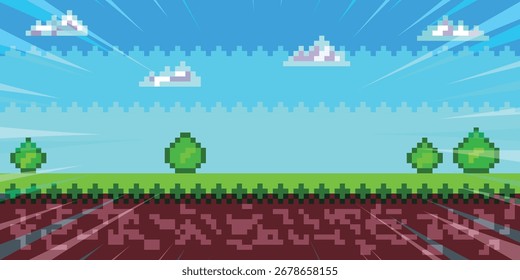 Pixelszene mit grünem Gras und Wald in der Ferne gegen blauen Himmel mit Wolken. Vektorillustrator.