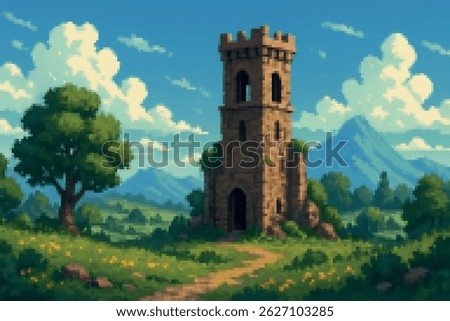 Pixel scene of an old stone tower standing alone on a grassy hill surrounded by trees and flowers. A great setting for medieval or RPG-style 2D game stories.