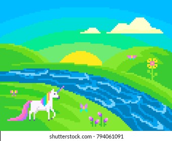 Pixel scene with a unicorn on the meadows at sunset.