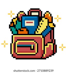Ilustración de suministros de mochila de escuela de píxeles