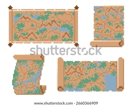 Pixel scroll maps. Ancient papyrus with locations, 8 bit retro game asset, vintage manuscripts, medieval play design, antique document, historical sheets, qualitative vector flat style isolated set