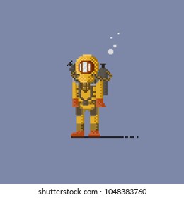 Pixel Scuba suit diver in yellow suit.8bit art vector illustration.