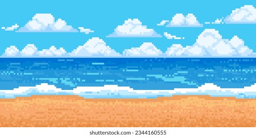 Pixel sea landscape. 8-bit sun beach with wave, cloud and sand. Game summer ocean panorama. Cloudy blue sky with horizon background. Pixels island scene. Vector illustration. Beautiful paradise