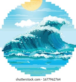 Pixel sea waves. Summer pixel art. 8 bit. Vector illustration in flat style