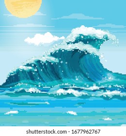 Pixel sea waves. Summer pixel art. 8 bit. Vector illustration in flat style