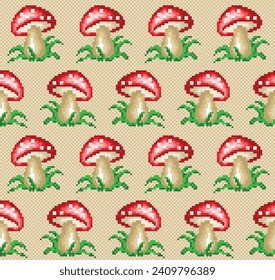 Ein Pixel nahtloser Hintergrund mit Waldpilz.
