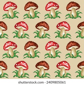 Un fondo de píxel sin fisuras con hongos del bosque.
