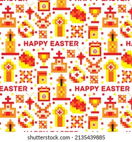 Pixel Seamless Easter pattern, Cute Easter Illustration.
