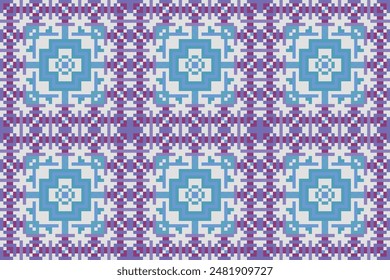 pixel Seamless knitted pattern with repeating elements and intricate designs in blue and purple
