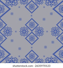 Pixel seamless knitted pattern with snowflakes,blue and gray.Design style that draws inspiration from digital graphics, 8-bit video games, and computer art.