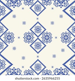 Pixel nahtlose Strickmuster mit Schneeflocken. Sie werden oft in Tapeten, Textilien, Teppichen und Wandkunst verwendet, um einen Hauch von digitalem Flair und futuristischer Energie in einen Raum zu bringen.