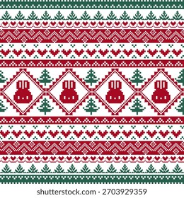 Patrón de Navidades nórdicas sin fisuras con conejitos y árboles de Navidad