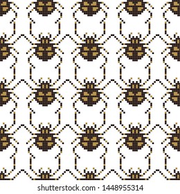 Pixel seamless pattern with 8 bit spider. Old school computer graphic style. Vector illustration for card,website, poster, textile print etc.