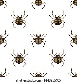 Pixel seamless pattern with 8 bit spider. Old school computer graphic style. Vector illustration for card,website, poster, textile print etc.
