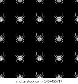 Pixel seamless pattern. 8-bit spider on a black background. Old school computer graphic style. Vector illustration for card,website, poster, textile print etc.