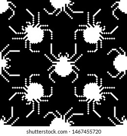 Pixel seamless pattern. 8-bit spider on a black background. Old school computer graphic style. Vector illustration for card,website, poster, textile print etc.