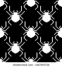 Pixel seamless pattern. 8-bit spider on a black background. Old school computer graphic style. Vector illustration for card,website, poster, textile print etc.