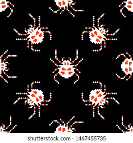 Pixel seamless pattern. 8-bit spider on a black background. Old school computer graphic style. Vector illustration for card,website, poster, textile print etc.