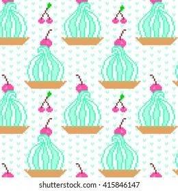 Pixel seamless pattern with cakes and cherry. Pixel art, oldschool style.  