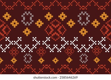 Pixel seamless pattern geometric ethnic design red and yellow fabric vector illustration 