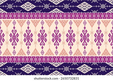 Pixel seamless pattern inspired by traditional Thai textile, featuring geometric and ethnic motifs in pastel tones. Ideal for fabric, wallpaper, and digital designs. Vector art.