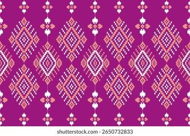 Pixel seamless pattern inspired by traditional Thai textile, featuring geometric and ethnic motifs in pastel tones. Ideal for fabric, wallpaper, and digital designs. Vector art.