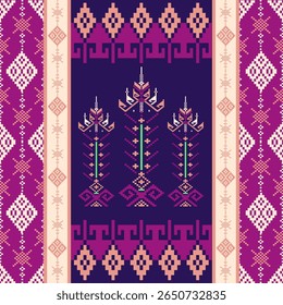 Pixel seamless pattern inspired by traditional Thai textile, featuring geometric and ethnic motifs in pastel tones. Ideal for fabric, wallpaper, and digital designs. Vector art.