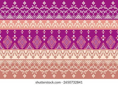 Pixel seamless pattern inspired by traditional Thai textile, featuring geometric and ethnic motifs in pastel tones. Ideal for fabric, wallpaper, and digital designs. Vector art.