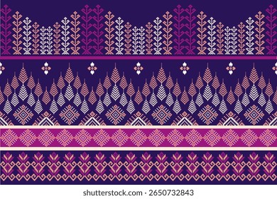 Pixel seamless pattern inspired by traditional Thai textile, featuring geometric and ethnic motifs in pastel tones. Ideal for fabric, wallpaper, and digital designs. Vector art.
