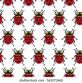pixel seamless pattern with ladybugs