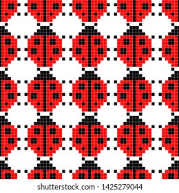Pixel seamless pattern with ladybugs. Vector illustration for card,website, poster, textile print etc.