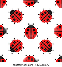 Pixel seamless pattern with ladybugs. Vector illustration for card,website, poster, textile print etc.