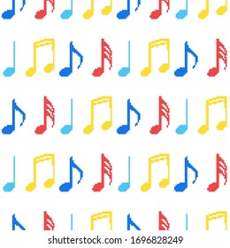 Pixel Seamless Pattern Of Pixel Music Notes. Pixel Art 8 Bit Vector.