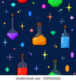 Pixel seamless pattern with potions on dark blue background