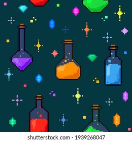 Pixel seamless pattern with potions on dark green background