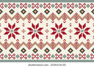 Pixel seamless pattern of a traditional Scandinavian Christmas pattern featuring red snowflakes on a white background.