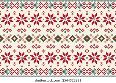 Patrón sin fisuras de píxeles de un patrón tradicional de Navidades escandinavas con copos de nieve rojos sobre un fondo blanco.