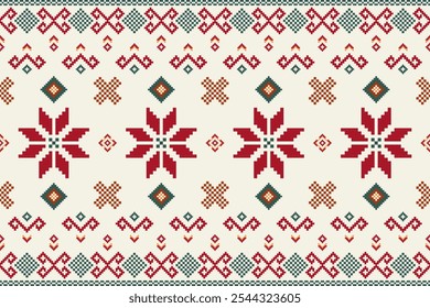 Patrón sin fisuras de píxeles de un patrón tradicional de Navidades escandinavas con copos de nieve rojos sobre un fondo blanco.